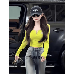 美式辣妹半開領小口袋長袖t恤女秋季新款修身顯瘦打底衫短款上衣