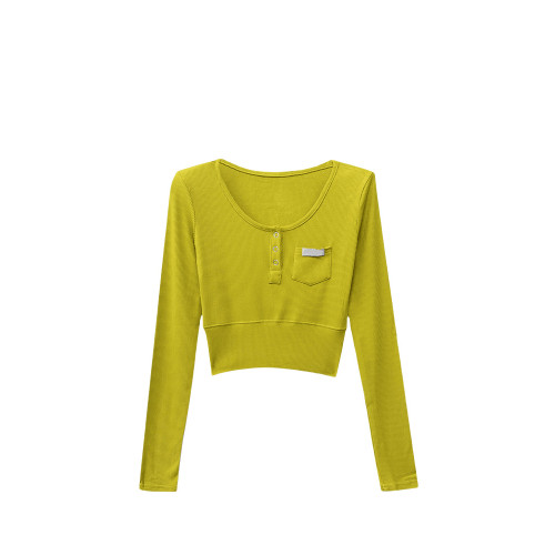 美式辣妹半開領小口袋長袖t恤女秋季新款修身顯瘦打底衫短款上衣