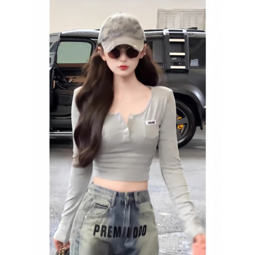 美式辣妹半開領小口袋長袖t恤女秋季新款修身顯瘦打底衫短款上衣