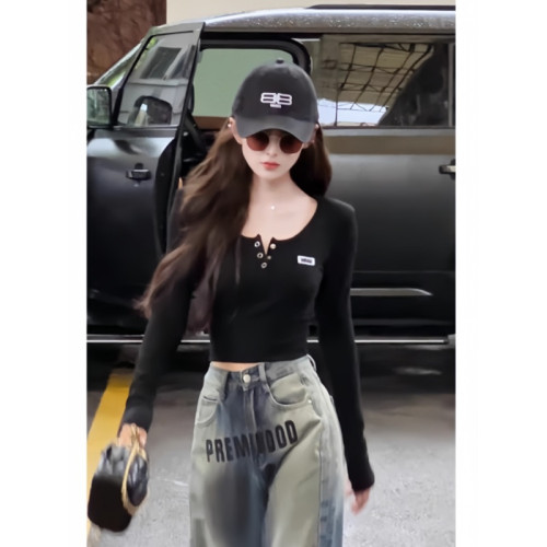 美式辣妹半開領小口袋長袖t恤女秋季新款修身顯瘦打底衫短款上衣