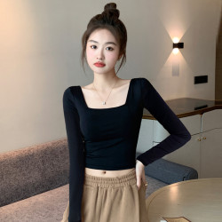 純棉黑色短款方領長袖t恤女秋冬雙面絨打底衫內搭加厚緊身u領上衣