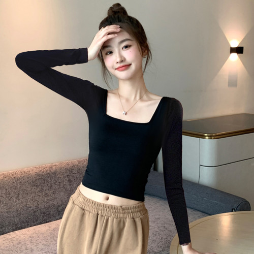 純棉黑色短款方領長袖t恤女秋冬雙面絨打底衫內搭加厚緊身u領上衣