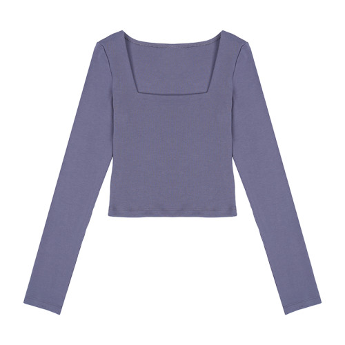 純棉黑色短款方領長袖t恤女秋冬雙面絨打底衫內搭加厚緊身u領上衣