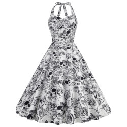 歐美萬聖節南瓜節Halloween卡通玫瑰掛脖露背修身無袖中長連衣裙