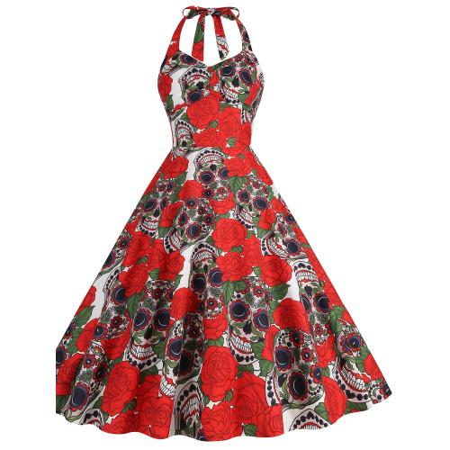歐美萬聖節南瓜節Halloween卡通玫瑰掛脖露背修身無袖中長連衣裙