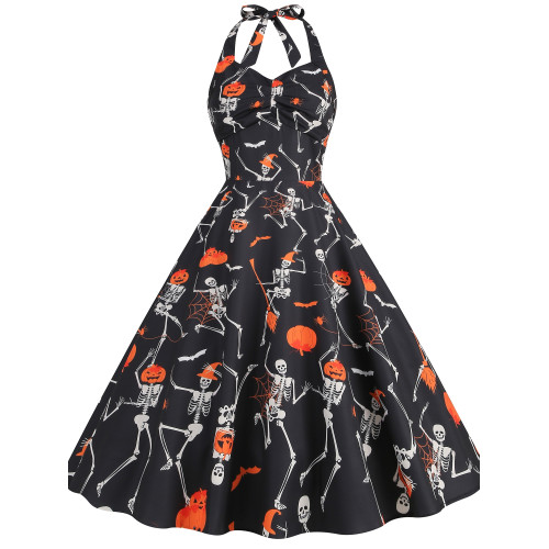 歐美萬聖節南瓜節Halloween卡通玫瑰掛脖露背修身無袖中長連衣裙