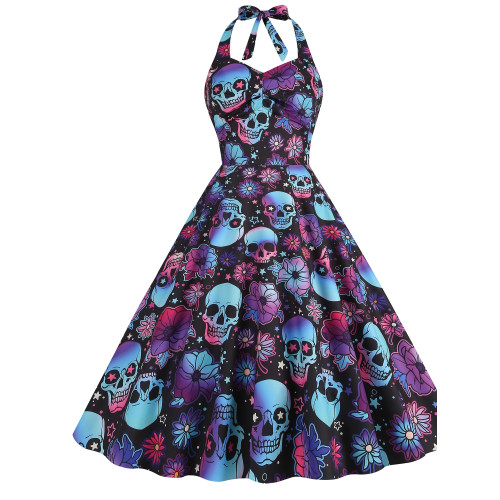 歐美萬聖節南瓜節Halloween卡通玫瑰掛脖露背修身無袖中長連衣裙