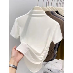 莫代爾2025新款大碼春秋半高領收腰短袖T恤洋氣褶皺修身打底上衣