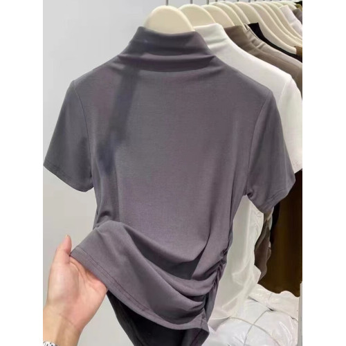 莫代爾2025新款大碼春秋半高領收腰短袖T恤洋氣褶皺修身打底上衣