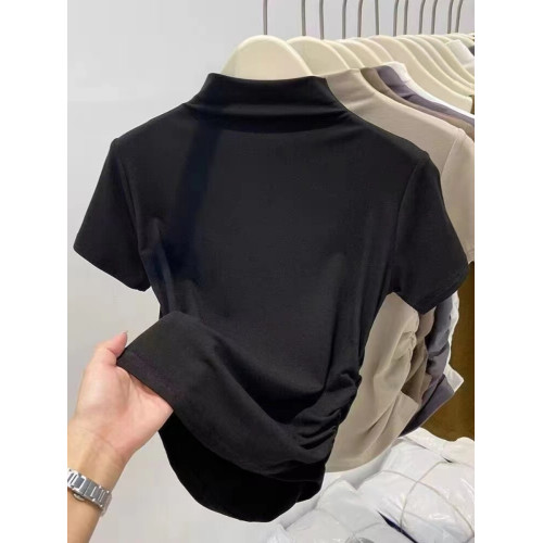 莫代爾2025新款大碼春秋半高領收腰短袖T恤洋氣褶皺修身打底上衣