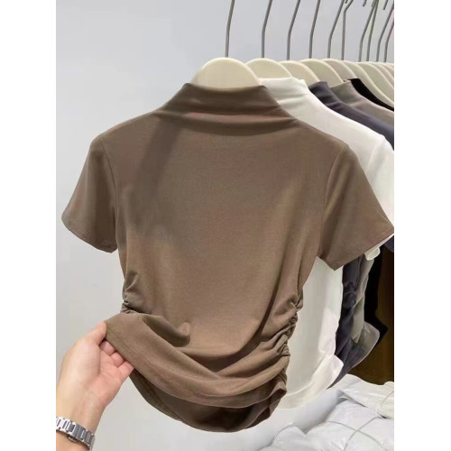 莫代爾2025新款大碼春秋半高領收腰短袖T恤洋氣褶皺修身打底上衣