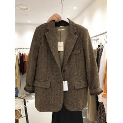 東大門秋冬加厚呢子西服上衣新款韓版復古人字紋毛呢小西裝外套女