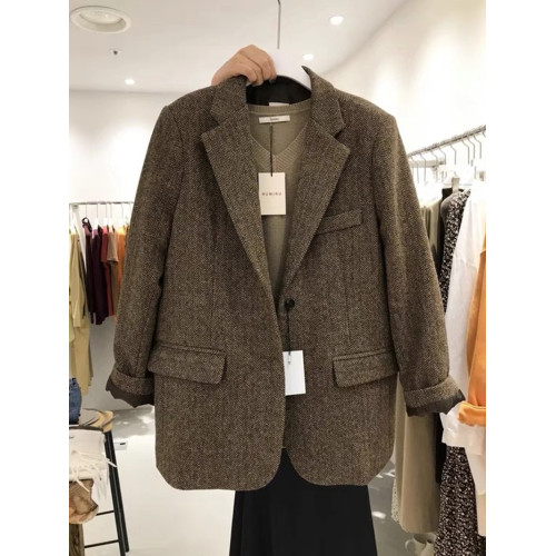 東大門秋冬加厚呢子西服上衣新款韓版復古人字紋毛呢小西裝外套女 東大門秋冬加厚呢子西服上衣新款韓版復古人字紋毛呢小西裝外套女
