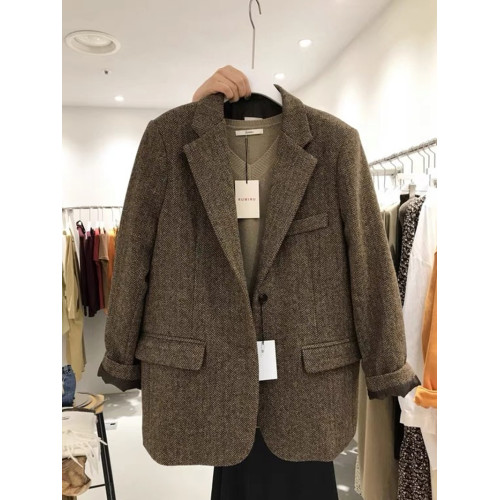 東大門秋冬加厚呢子西服上衣新款韓版復古人字紋毛呢小西裝外套女 東大門秋冬加厚呢子西服上衣新款韓版復古人字紋毛呢小西裝外套女