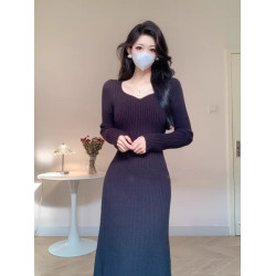 大衣內搭長袖針織連衣裙子女秋冬長款輕奢高級感氣質修身打底長裙