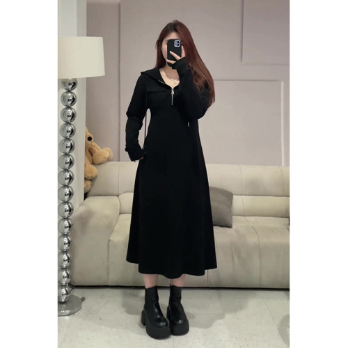 大碼女裝胖mm連帽半拉鍊收腰連衣裙女秋裝2025年新款遮肉顯瘦長裙