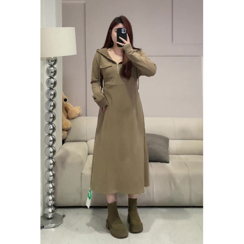 大碼女裝胖mm連帽半拉鍊收腰連衣裙女秋裝2025年新款遮肉顯瘦長裙
