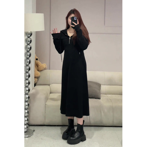 大碼女裝胖mm連帽半拉鍊收腰連衣裙女秋裝2025年新款遮肉顯瘦長裙