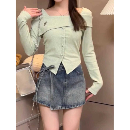 不規則方領長袖T恤女2025早秋新款大碼胖mm修身顯瘦甜辣chic上衣 不規則方領長袖T恤女2025早秋新款大碼胖mm修身顯瘦甜辣chic上衣