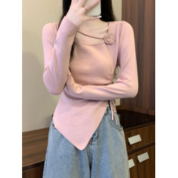 立體花朵長袖毛針織衫女春秋季新款抽繩收腰顯瘦不規則短款小上衣