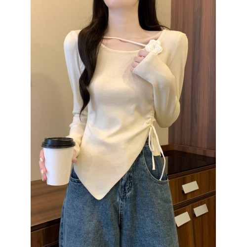 立體花朵長袖毛針織衫女春秋季新款抽繩收腰顯瘦不規則短款小上衣