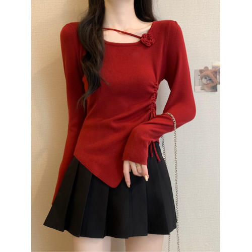 立體花朵長袖毛針織衫女春秋季新款抽繩收腰顯瘦不規則短款小上衣