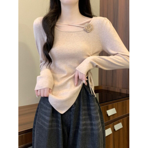 立體花朵長袖毛針織衫女春秋季新款抽繩收腰顯瘦不規則短款小上衣