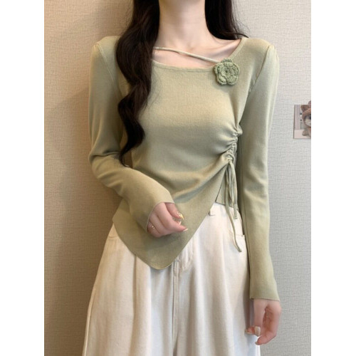 立體花朵長袖毛針織衫女春秋季新款抽繩收腰顯瘦不規則短款小上衣