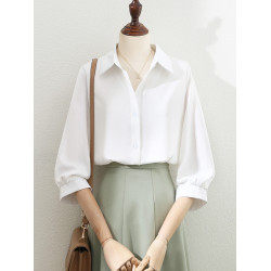 夏裝垂墜感氣質緞面五分袖白襯衫女2025女裝翻領職業通勤短袖上衣