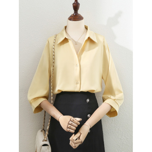 夏裝垂墜感氣質緞面五分袖白襯衫女2025女裝翻領職業通勤短袖上衣 夏裝垂墜感氣質緞面五分袖白襯衫女2025女裝翻領職業通勤短袖上衣