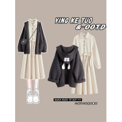 秋季2025新款休閒套裝女開衫毛衣外套顯瘦小個子穿搭連衣裙兩件套