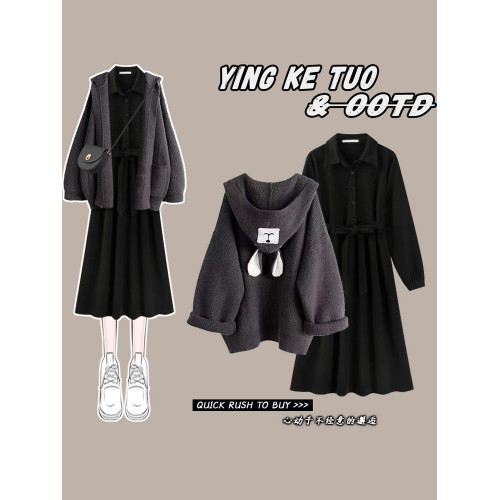 秋季2025新款休閒套裝女開衫毛衣外套顯瘦小個子穿搭連衣裙兩件套