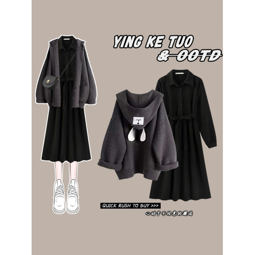 秋季2025新款休閒套裝女開衫毛衣外套顯瘦小個子穿搭連衣裙兩件套