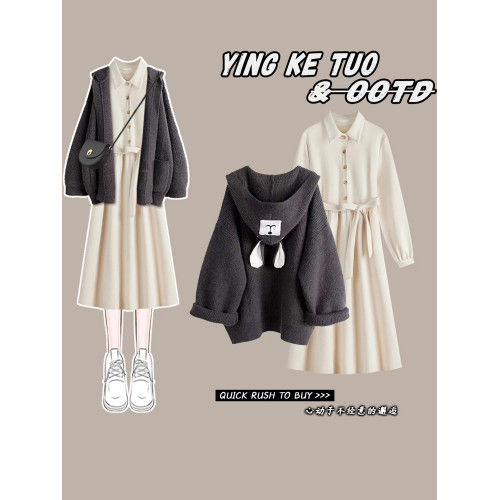 秋季2025新款休閒套裝女開衫毛衣外套顯瘦小個子穿搭連衣裙兩件套