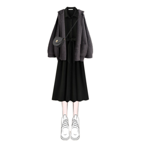 秋季2025新款休閒套裝女開衫毛衣外套顯瘦小個子穿搭連衣裙兩件套