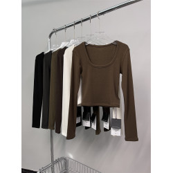 元熙8078秋冬新款純色簡約百搭高彈修身短款U領長袖T恤女加絨上衣