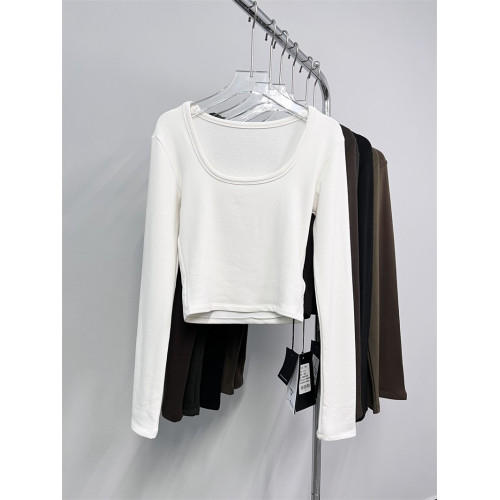 元熙8078秋冬新款純色簡約百搭高彈修身短款U領長袖T恤女加絨上衣