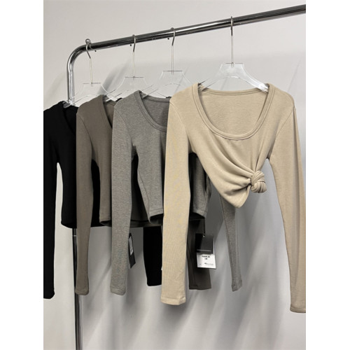 元熙8078秋冬新款純色簡約百搭高彈修身短款U領長袖T恤女加絨上衣