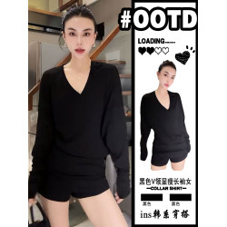 歐貨大碼黑色V領長袖t恤女2025新款百搭薄款內搭松弛感休閒上衣秋