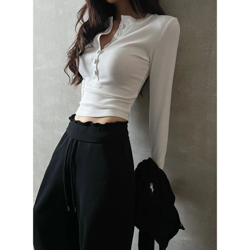 辣妹白色v領內搭打底衫女春秋季純棉正肩長袖t恤修身緊身短款上衣 辣妹白色v領內搭打底衫女春秋季純棉正肩長袖t恤修身緊身短款上衣