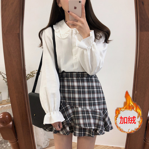 秋冬新款韓版木耳邊娃娃領寬松打底長袖襯衫女職業白色設計感小衆