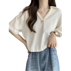 秋季新款胖mm大碼寬松polo領正肩短袖t恤遮肚子顯瘦V領半袖上衣女