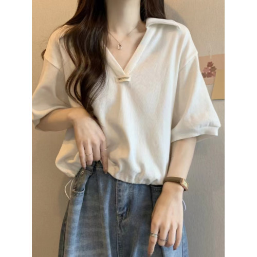 秋季新款胖mm大碼寬松polo領正肩短袖t恤遮肚子顯瘦V領半袖上衣女