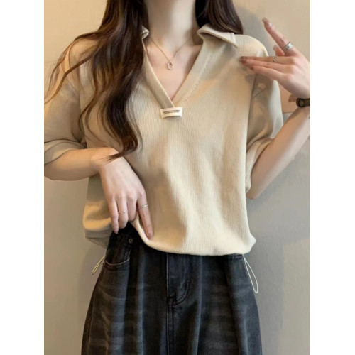 秋季新款胖mm大碼寬松polo領正肩短袖t恤遮肚子顯瘦V領半袖上衣女