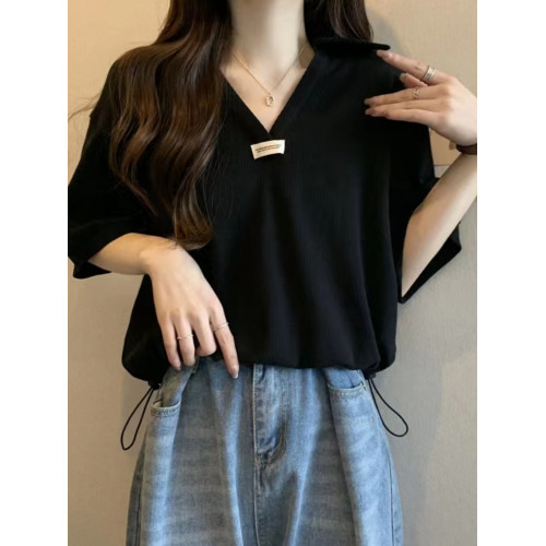 秋季新款胖mm大碼寬松polo領正肩短袖t恤遮肚子顯瘦V領半袖上衣女