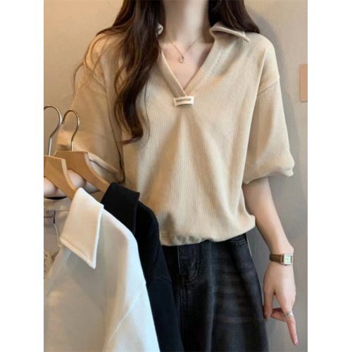 秋季新款胖mm大碼寬松polo領正肩短袖t恤遮肚子顯瘦V領半袖上衣女