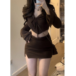 秋季小個子純欲風甜辣妹穿搭棕色長袖上衣包臀短裙輕熟兩件套裝女