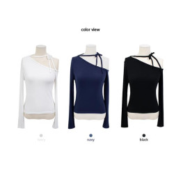 Exclusive type 韓國個性氣質露肩斜領口掛脖系帶設計百搭長袖T桖