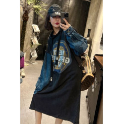 大碼胖mm歐洲站牛仔連帽連衣裙女春秋新款300斤寬松遮肉衛衣裙子