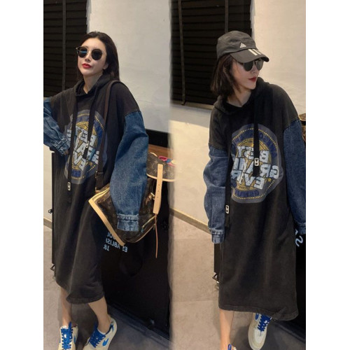 大碼胖mm歐洲站牛仔連帽連衣裙女春秋新款300斤寬松遮肉衛衣裙子